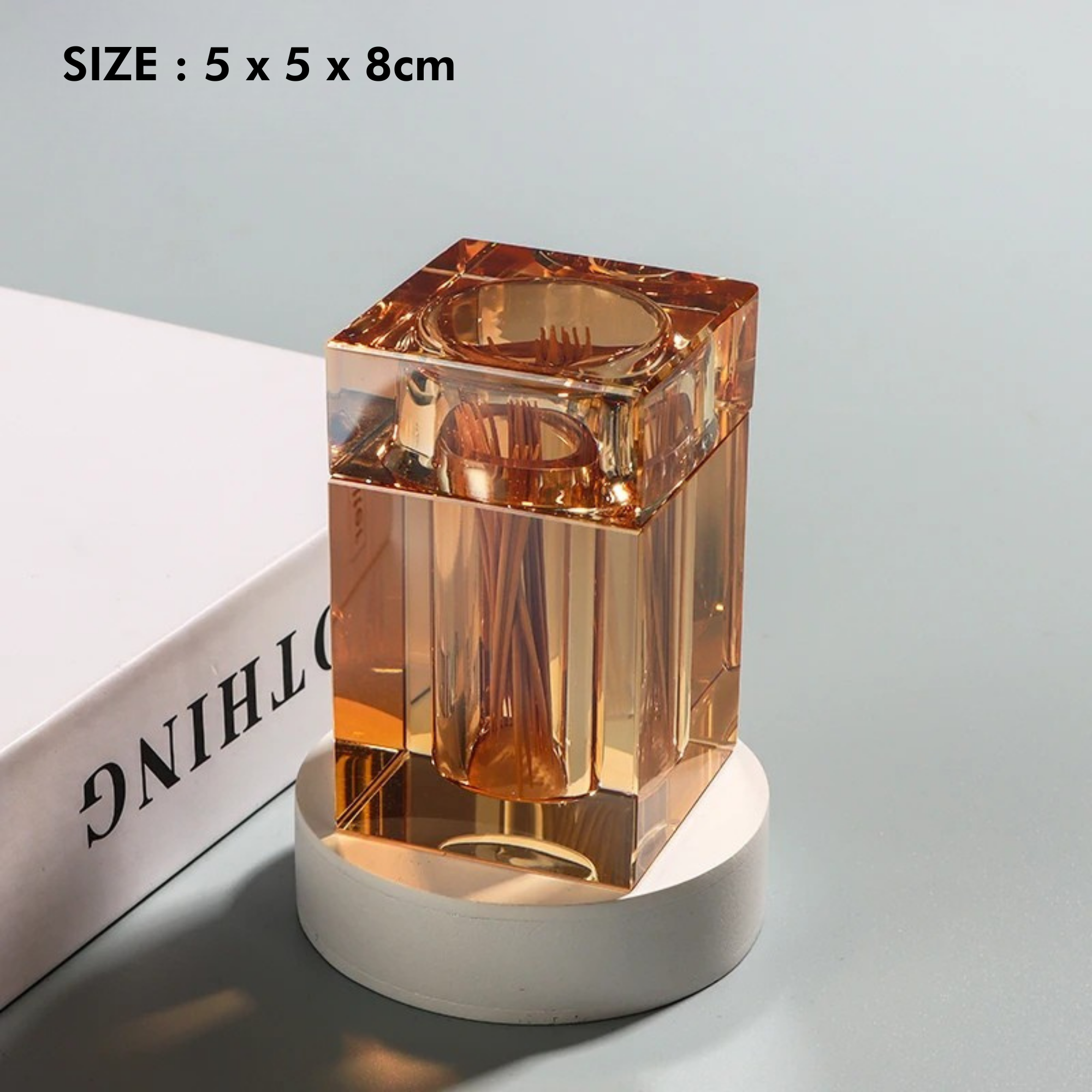 Amber Crystal Glass Toothpick Holder with Lid