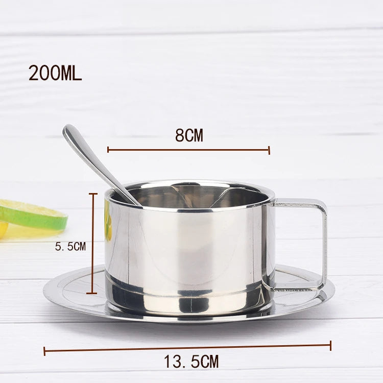 304 Stainless Steel Double Wall Coffee Cup & Saucer Set – Modern Insulated Milk Cup with Spoon