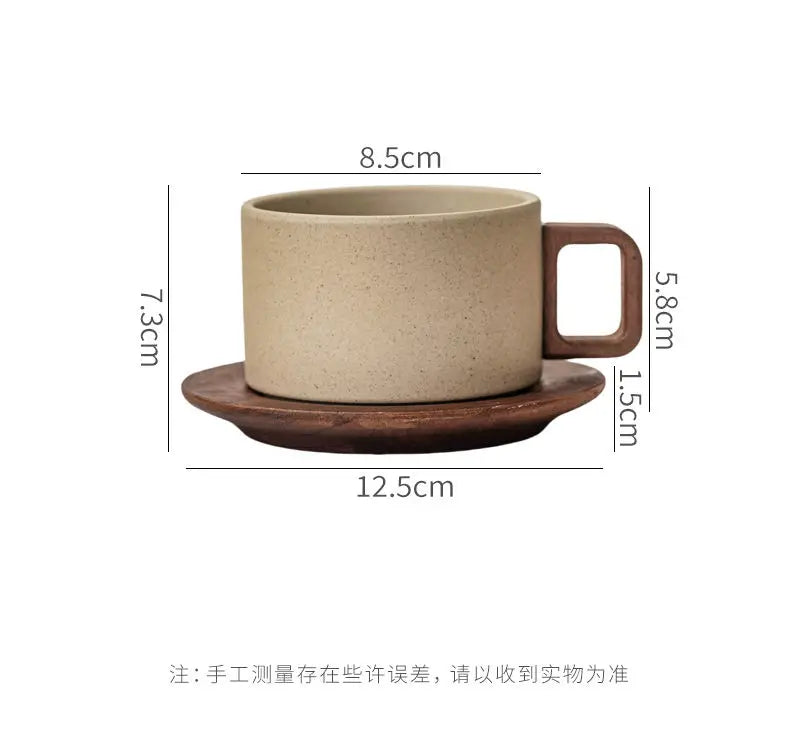 Vintage Ceramic Coffee Cup & Saucer – 250ml Wooden Handle Afternoon Tea Mug