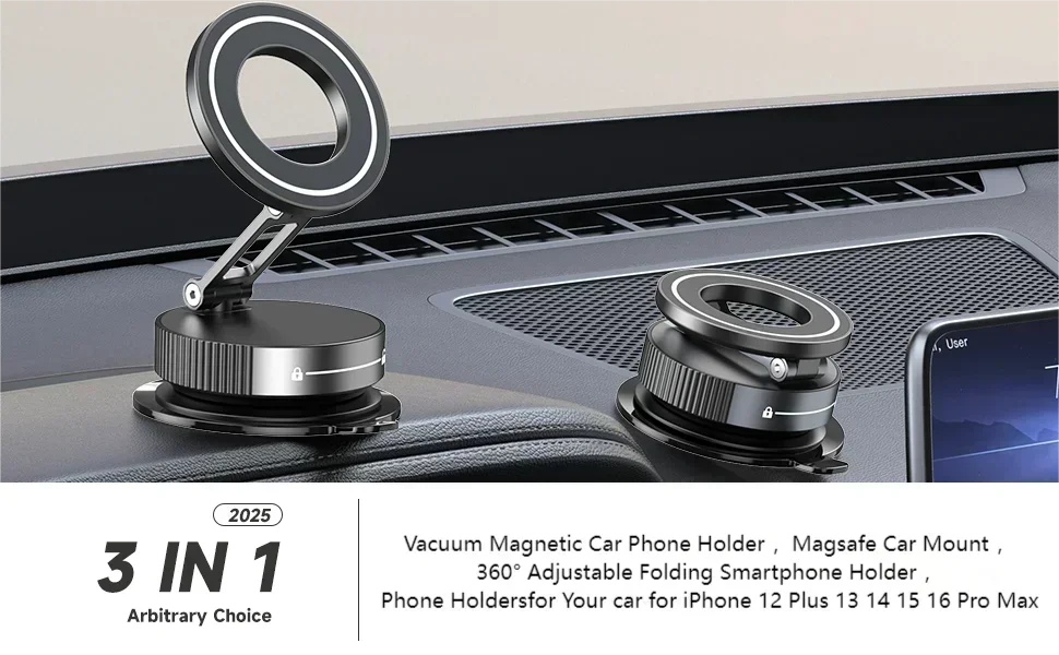 Super Strong N52 Magnetic Phone Holder – 360° Rotatable Foldable Vacuum Suction Mount