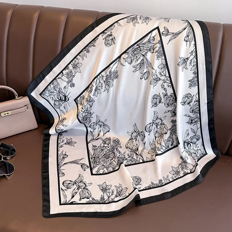 Luxury Floral Satin Silk Square Scarf 70×70cm – Elegant Women's Hairband, Neckerchief & Bag Ribbon