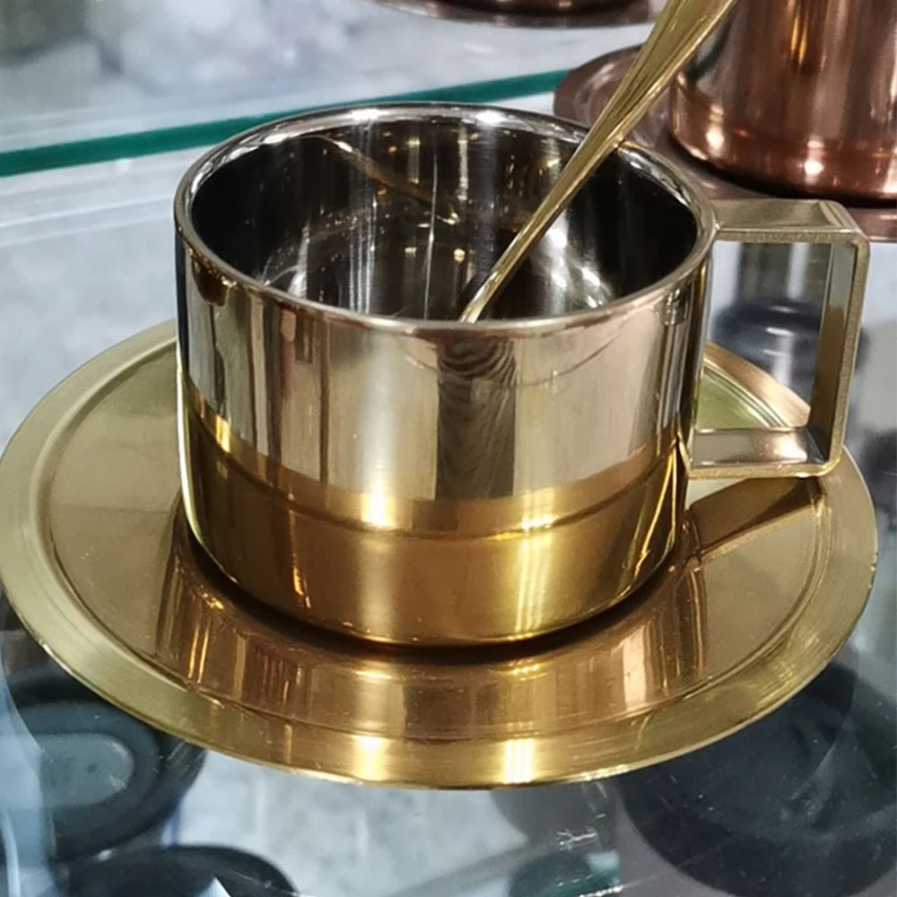 304 Stainless Steel Double Wall Coffee Cup & Saucer Set – Modern Insulated Milk Cup with Spoon