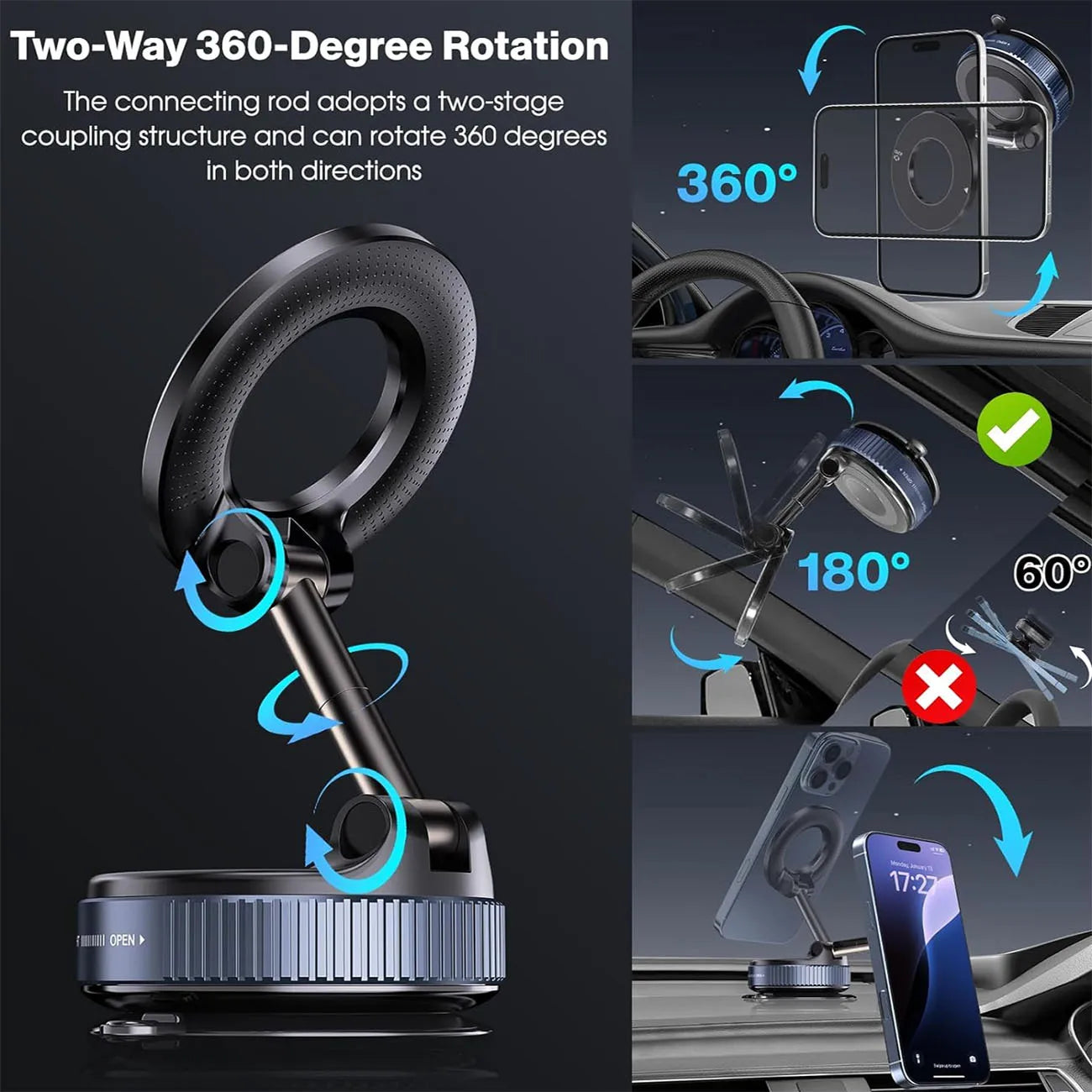 Super Strong N52 Magnetic Phone Holder – 360° Rotatable Foldable Vacuum Suction Mount