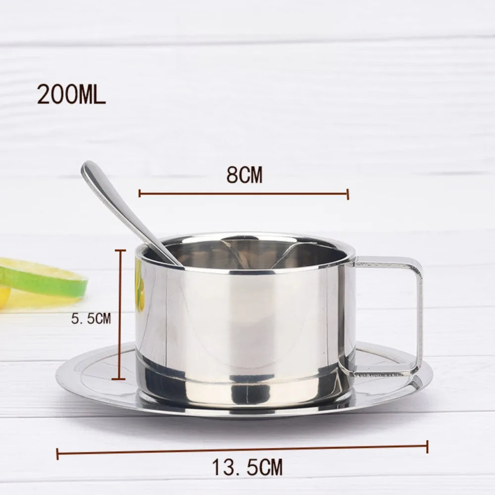 304 Stainless Steel Double Wall Coffee Cup & Saucer Set – Modern Insulated Milk Cup with Spoon