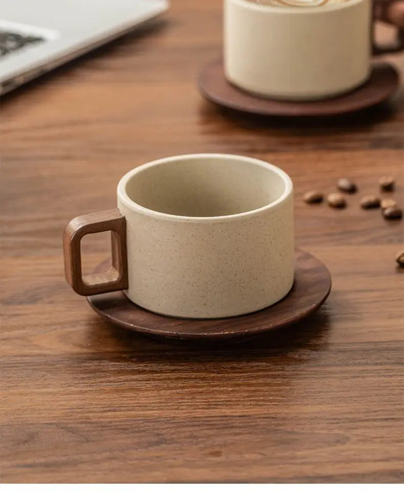 Vintage Ceramic Coffee Cup & Saucer – 250ml Wooden Handle Afternoon Tea Mug