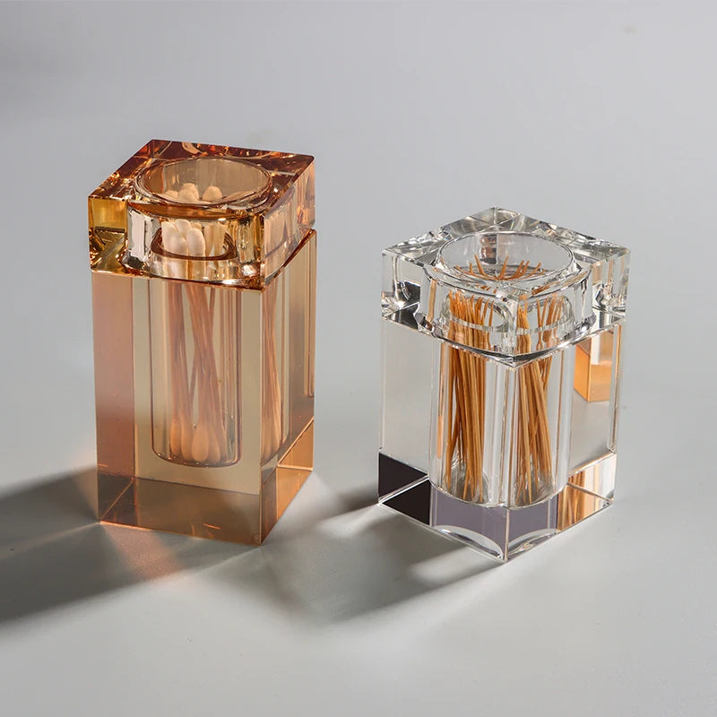 Amber Crystal Glass Toothpick Holder with Lid