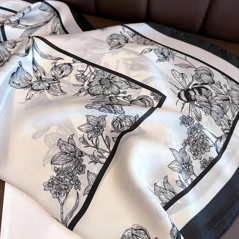 Luxury Floral Satin Silk Square Scarf 70×70cm – Elegant Women's Hairband, Neckerchief & Bag Ribbon