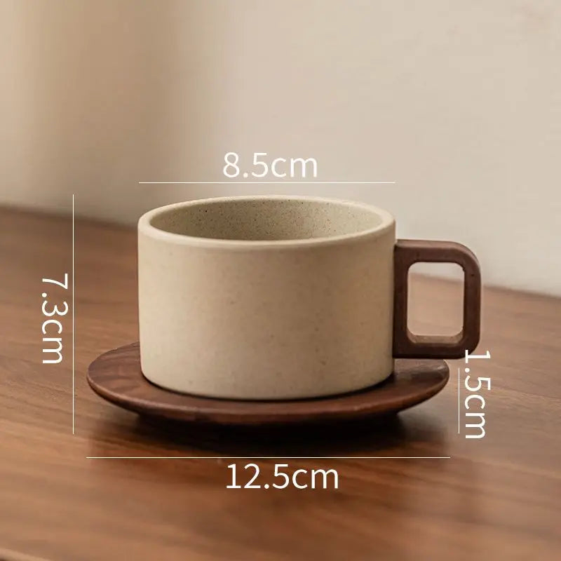 Vintage Ceramic Coffee Cup & Saucer – 250ml Wooden Handle Afternoon Tea Mug