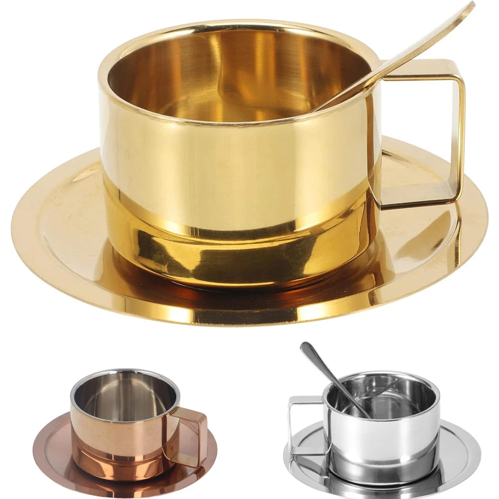 304 Stainless Steel Double Wall Coffee Cup & Saucer Set – Modern Insulated Milk Cup with Spoon