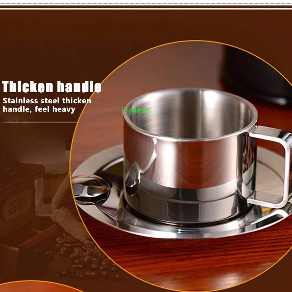 304 Stainless Steel Double Wall Coffee Cup & Saucer Set – Modern Insulated Milk Cup with Spoon