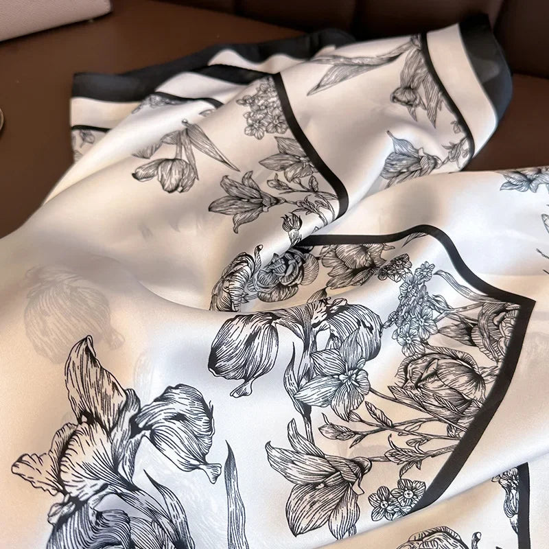Luxury Floral Satin Silk Square Scarf 70×70cm – Elegant Women's Hairband, Neckerchief & Bag Ribbon
