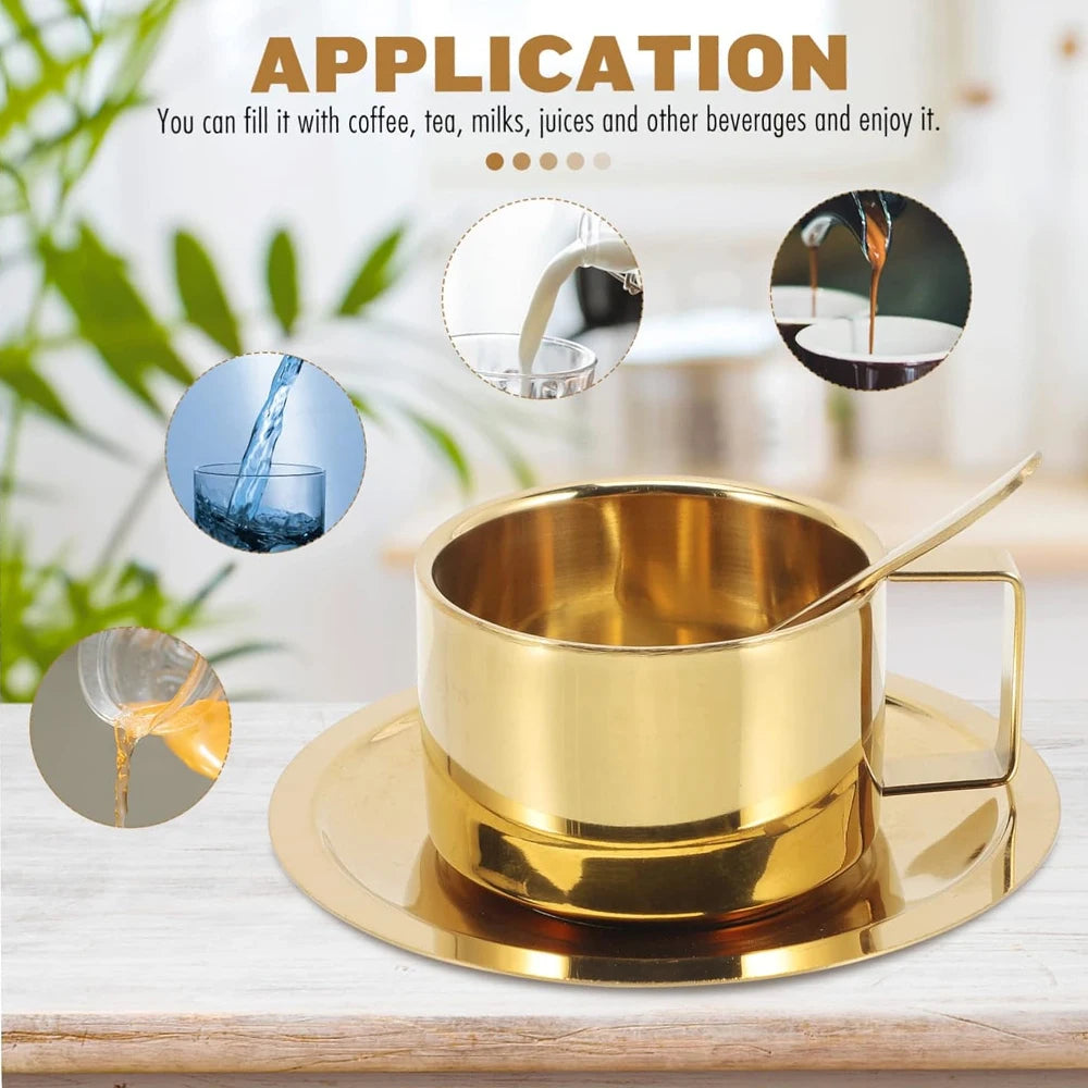 304 Stainless Steel Double Wall Coffee Cup & Saucer Set – Modern Insulated Milk Cup with Spoon