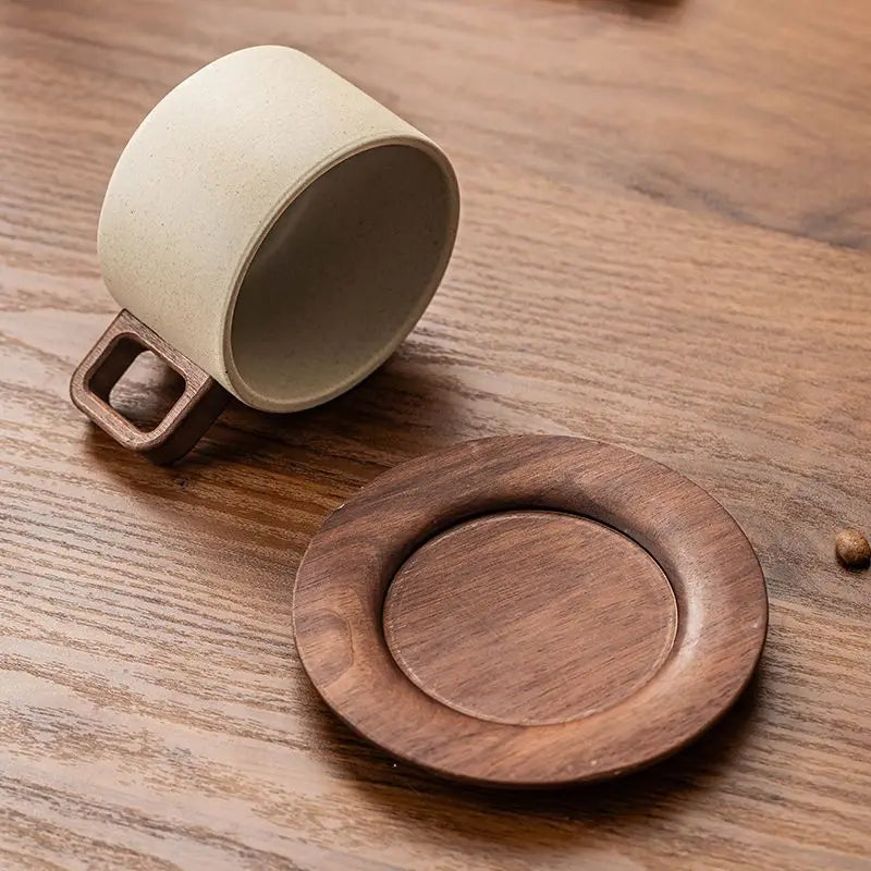 Vintage Ceramic Coffee Cup & Saucer – 250ml Wooden Handle Afternoon Tea Mug