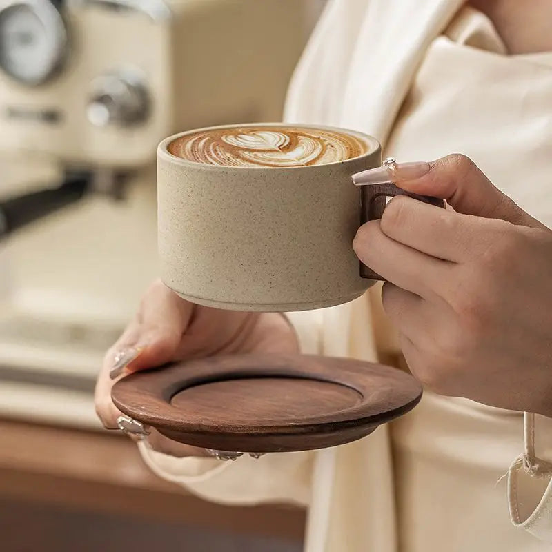 Vintage Ceramic Coffee Cup & Saucer – 250ml Wooden Handle Afternoon Tea Mug