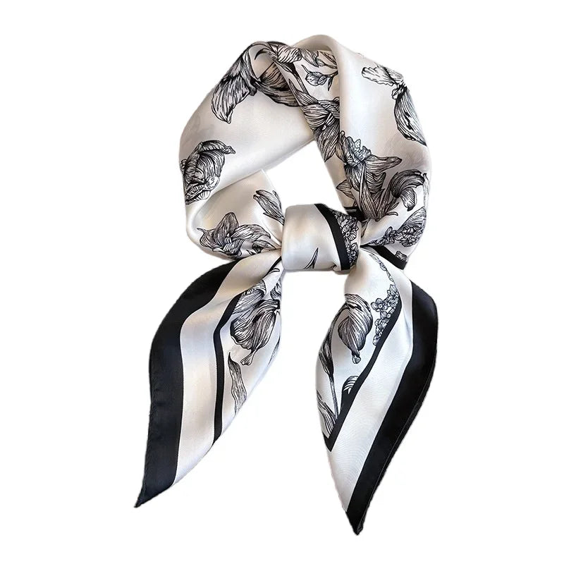 Luxury Floral Satin Silk Square Scarf 70×70cm – Elegant Women's Hairband, Neckerchief & Bag Ribbon