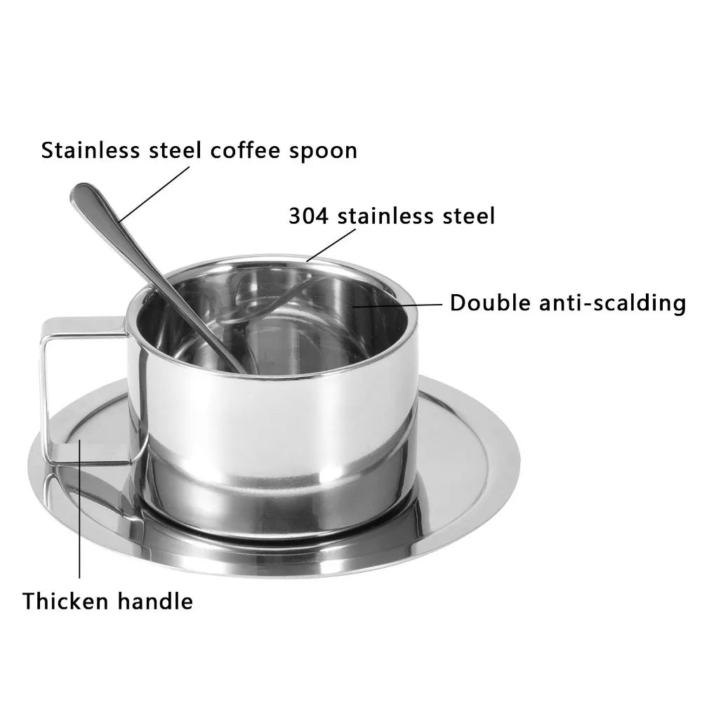 304 Stainless Steel Double Wall Coffee Cup & Saucer Set – Modern Insulated Milk Cup with Spoon