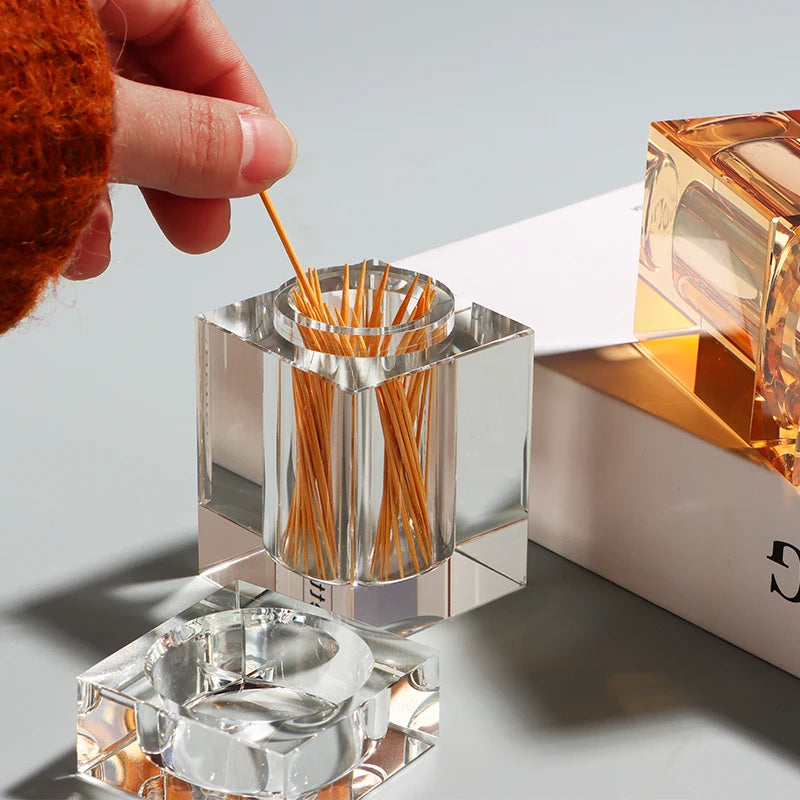 Amber Crystal Glass Toothpick Holder with Lid