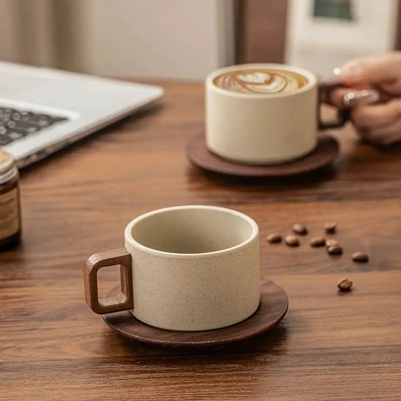 Vintage Ceramic Coffee Cup & Saucer – 250ml Wooden Handle Afternoon Tea Mug