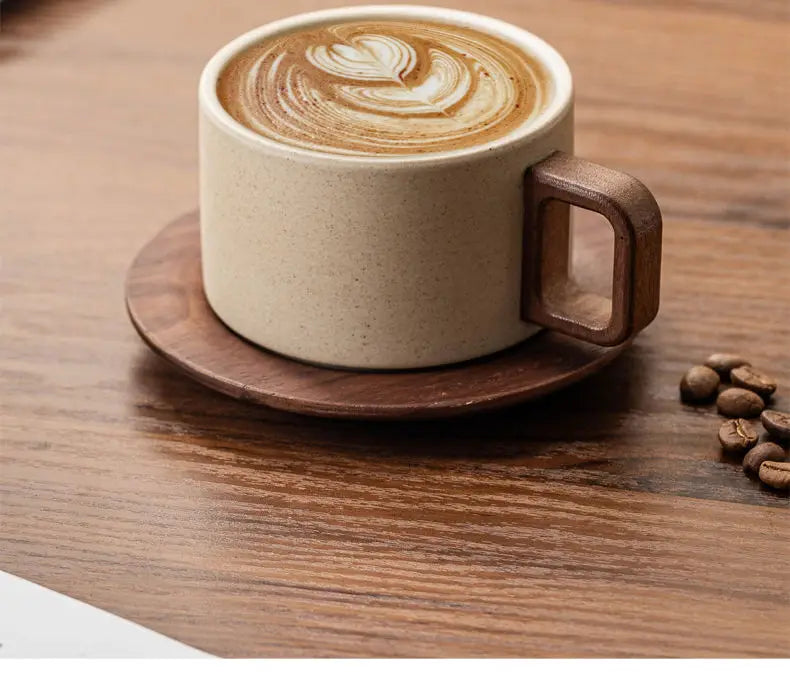Vintage Ceramic Coffee Cup & Saucer – 250ml Wooden Handle Afternoon Tea Mug