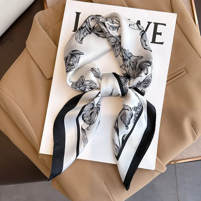 Luxury Floral Satin Silk Square Scarf 70×70cm – Elegant Women's Hairband, Neckerchief & Bag Ribbon