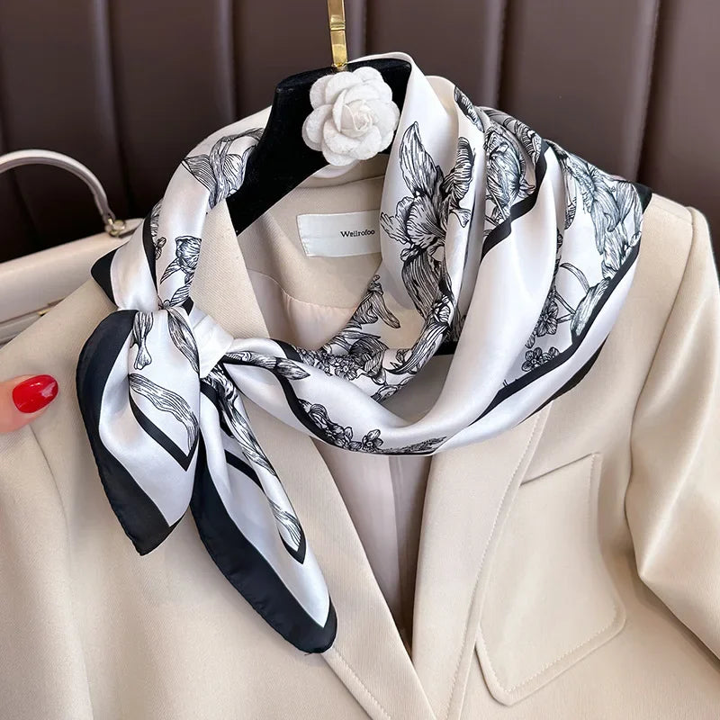 Luxury Floral Satin Silk Square Scarf 70×70cm – Elegant Women's Hairband, Neckerchief & Bag Ribbon