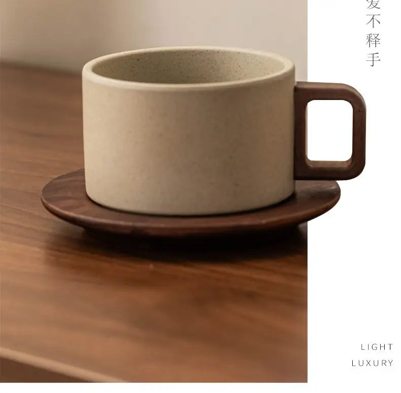 Vintage Ceramic Coffee Cup & Saucer – 250ml Wooden Handle Afternoon Tea Mug