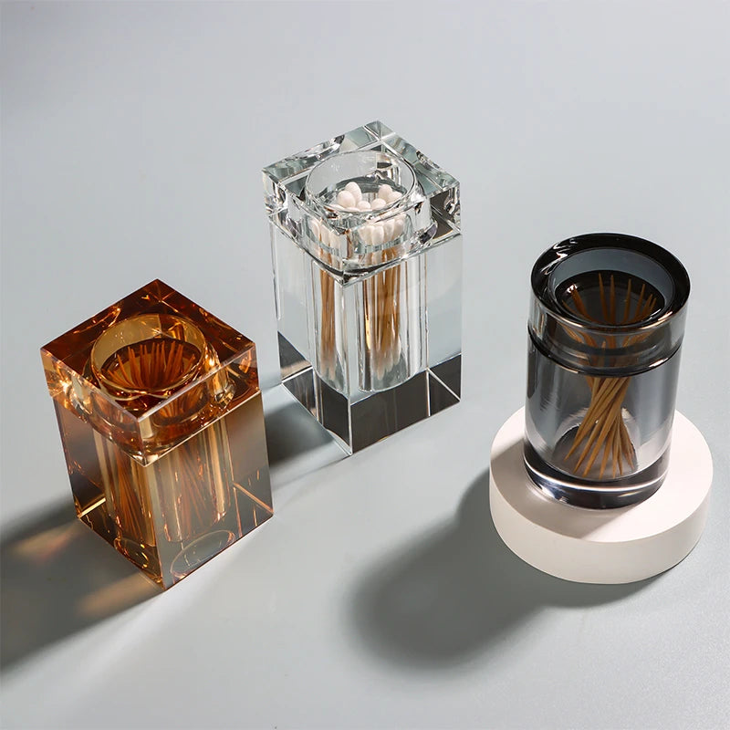 Amber Crystal Glass Toothpick Holder with Lid